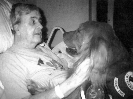 Sir Bentley Bear, a licensed therapy dog, visits with patient on 7 West during his recent recovery from a stroke.